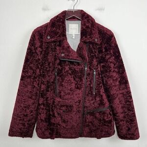 Avec Les Filles Faux Fur Moto Jacket Small Burgundy Full Zip Cozy Winter
